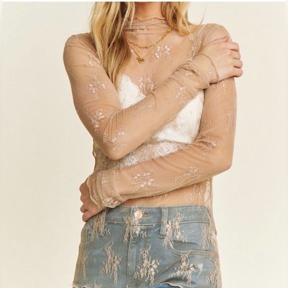 Tops - Lace Mesh Sheer Mock Top Floral Layering Stretchy Tan NEW